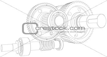 Wire-frame gears with shafts. Close-up. Vector