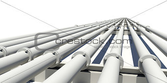 Many pipes stretching into distance. Isolated. Industrial concept