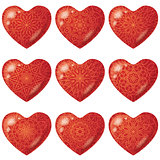 Valentine red hearts with pattern, set