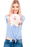 Beautiful woman holding  a piggy bank