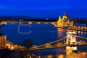 Blue hour in Budapest with Szechenyi Chain Bridge, Hungary