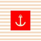 Nautical vector card or invitation with white anchor, red background and pastel stripes