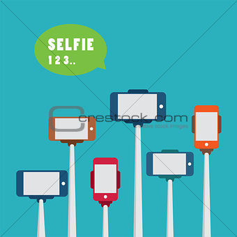 taking a selfie photo with monopod flat design