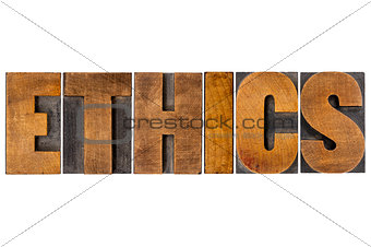 ethics word typography in wood type