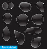 Realistic Water Drops Set On Dark Background Vector Illustration