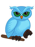 Cute cartoon blue owl on a branch