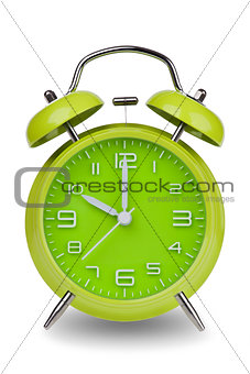 Green alarm clock with hands at 10 am or pm