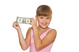 Smiling girl with money in hands isolated