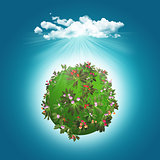 3D render of a grassy globe with flowers and cloud
