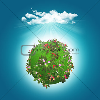 3D render of a grassy globe with flowers and cloud