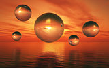 3D surreal landscape with glass spheres over sea