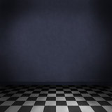 Room background with black and white checker on the floor and dark blue wall