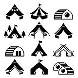 Glamping, luxurious camping tents and bambu houses icons set