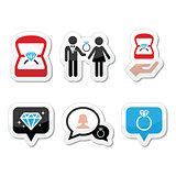 Engagement, diamond ring in box vector icons set