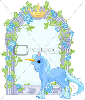 Unicorn close to flower frame