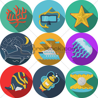 Flat color vector icons for sea leisure