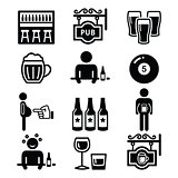 Pub, drinking alcohol, beer belly icons set