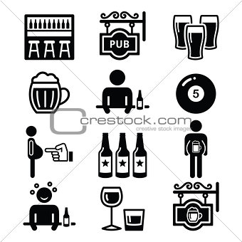 Pub, drinking alcohol, beer belly icons set