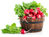 Fresh radish with green leaves in wooden bucket