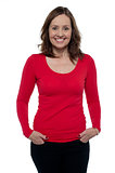 Middle aged woman in bright red top