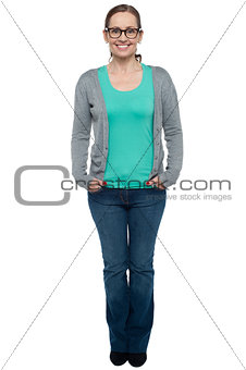 Woman in fashion clothing over white background