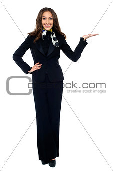 Pretty air hostess presenting copy space with open palm