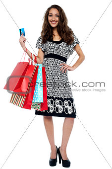 Picture of lovely woman with shopping bags and credit card