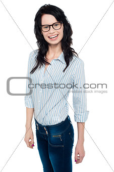 Happy woman in trendy wear. Shirt and jeans
