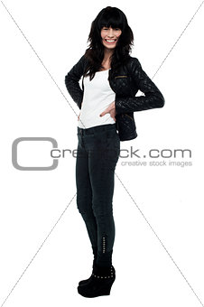 Fashion shot beautiful sexy girl in leather jacket