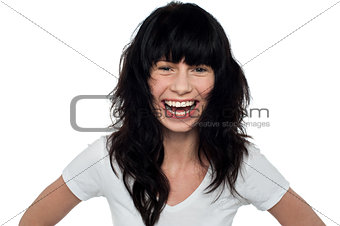 Cheerful young model on white background