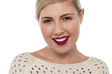 Fashion teen with bright red lipstick on lips