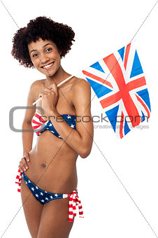 Stars and stripes bikini model holding UK flag