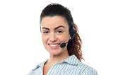Closeup smiling portrait of a call centre executive