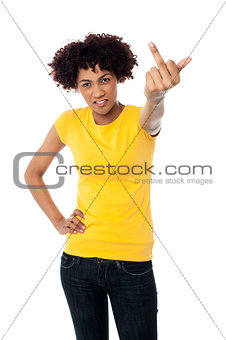 Angry female showing middle finger
