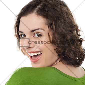 Excited caucasian woman looking at you