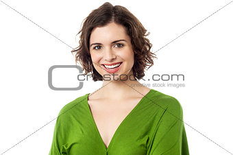 Joyous young caucasian lady in trendy casuals
