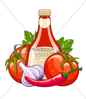 Bottle with ketchup and organic ingredients vegetables