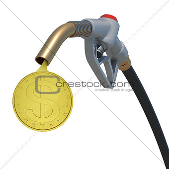 Gold dollar coin flowing from fuel nozzle