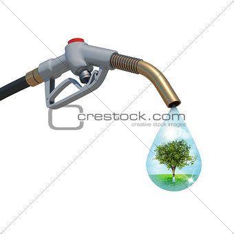 Landscape with tree in centre inside of drop weeping from fuel nozzle