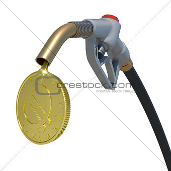 Gold euro coin flowing from fuel nozzle