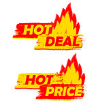 hot deal and price on fire, yellow and red drawn labels with fla