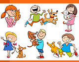 kids with pets cartoon set