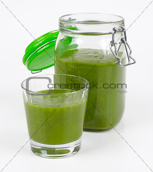Green Smoothie In A Glass And In A Open Jar