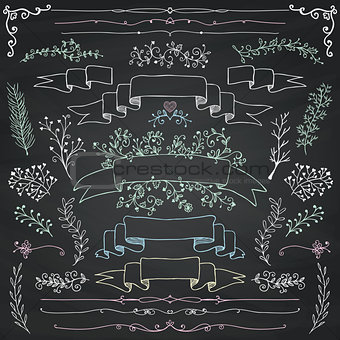 Vector Chalk Drawing Floral Design Elements, Ribbons