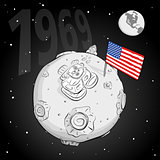 astronaut whith flag USA on the moon bw