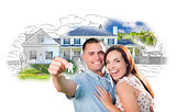 Military Couple with Keys Over House Drawing and Photo