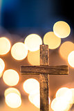 Wooden Cross and Defocused Lights