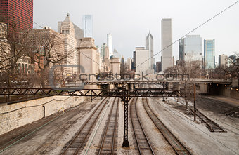 Rairoad Train Tracks Railyards Downtown Chicago Skyline Transpor