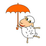A funny cartoon sheep with an umbrella