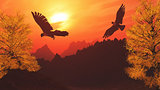3D mountain landscape with eagles